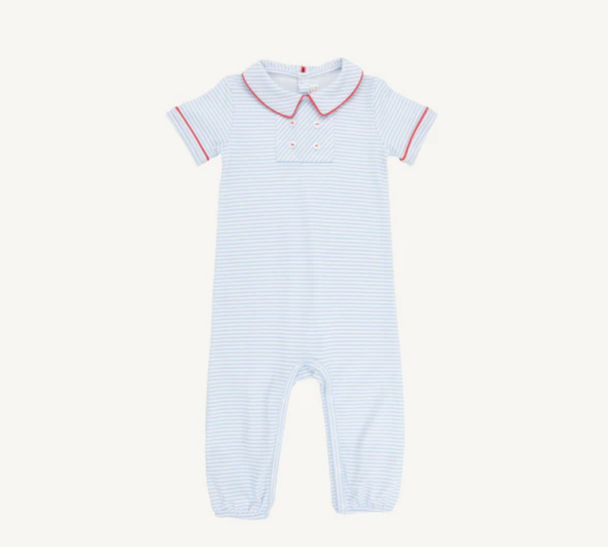 TBBC Benny Button Romper Beale St. Blue Stripe with Red