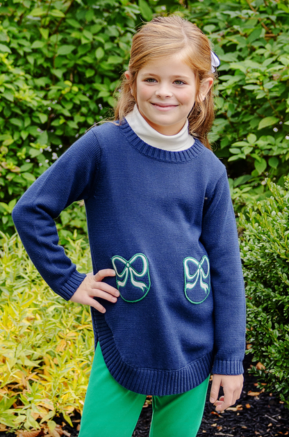TBBC Terrell Tunic Nantucket Navy with Palmetto Pearl & Kiawah Kelly Green Bows