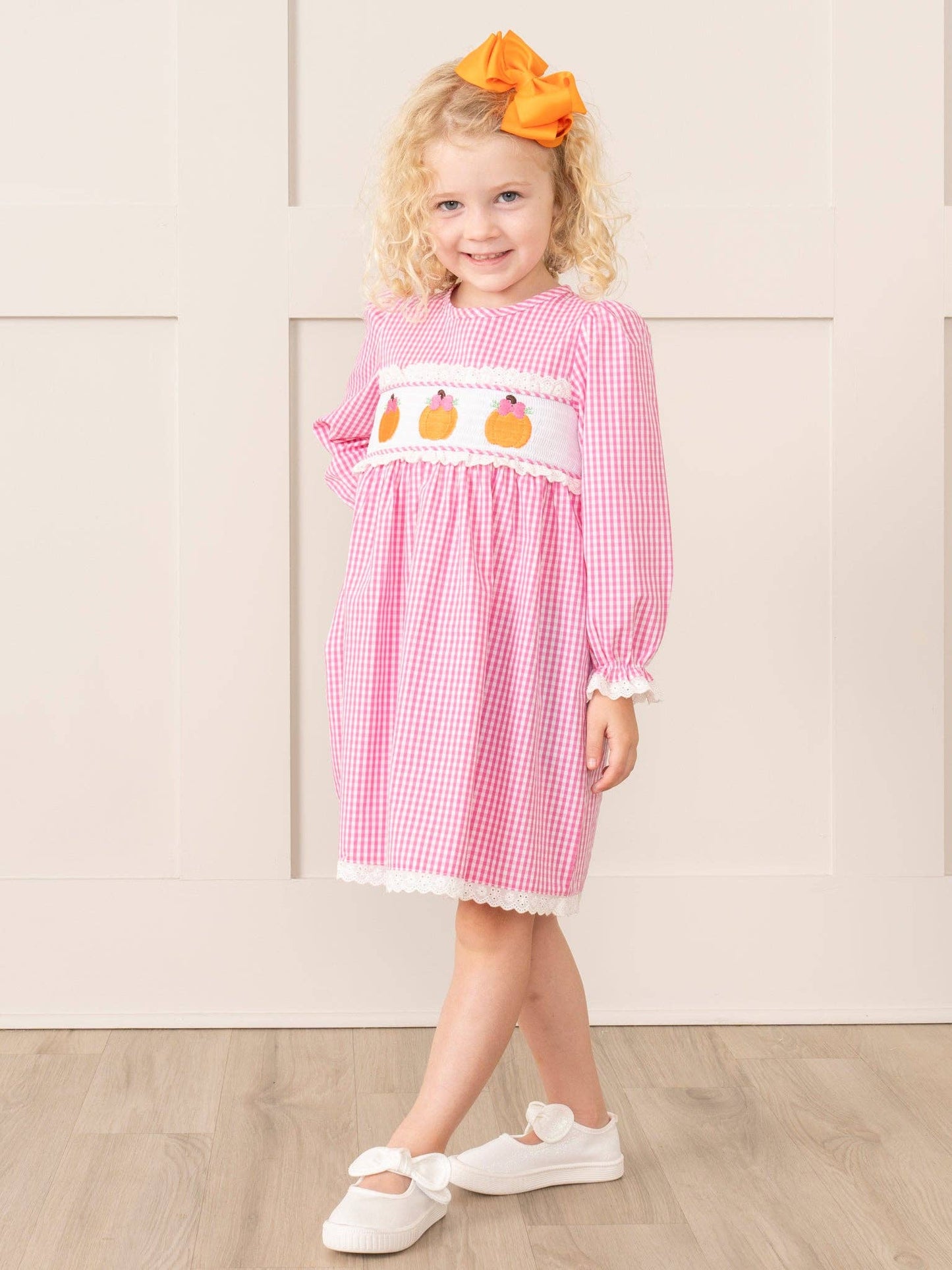 Pink Gingham Smocked Pumpkin Ruffle Dress