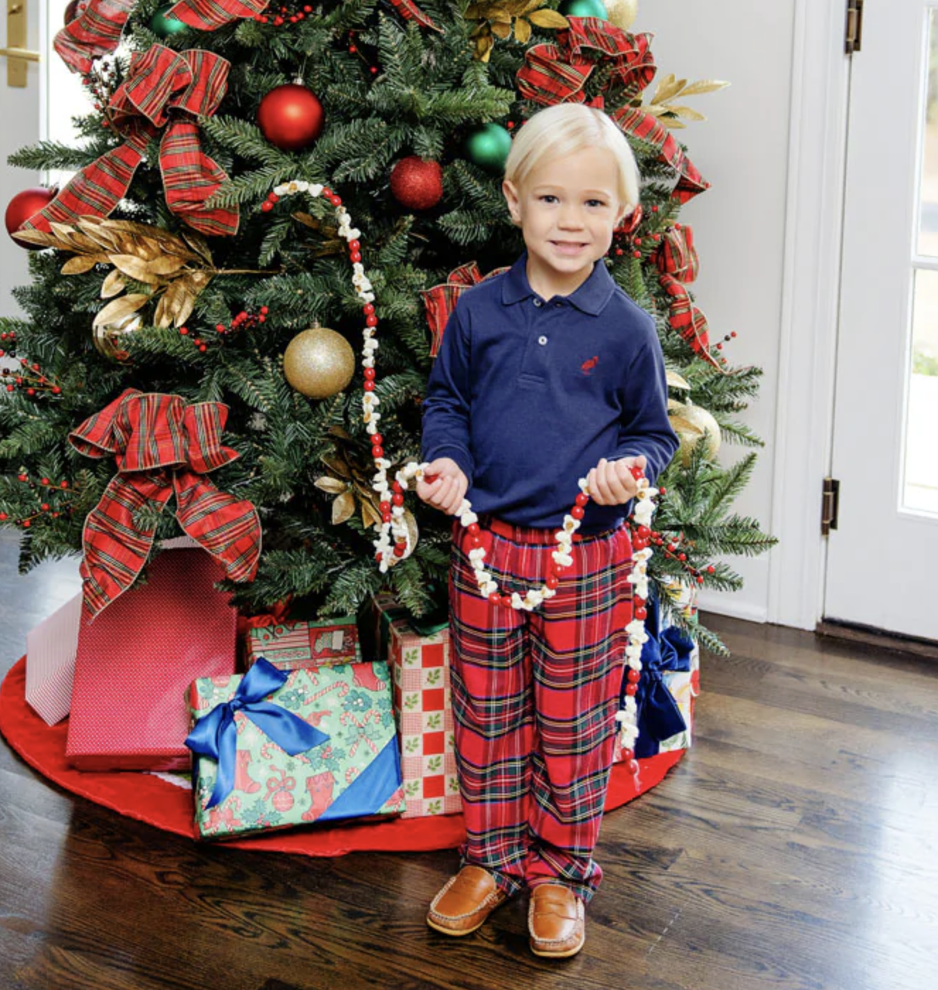 TBBC Long Sleeve Prim & Proper Polo & Onesie Nantucket Navy with Richmond Red Stork