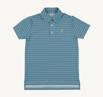 A short-sleeve polo shirt with horizontal blue and white stripes, featuring a small embroidered polo player logo on the left chest, set against a plain off-white background.
