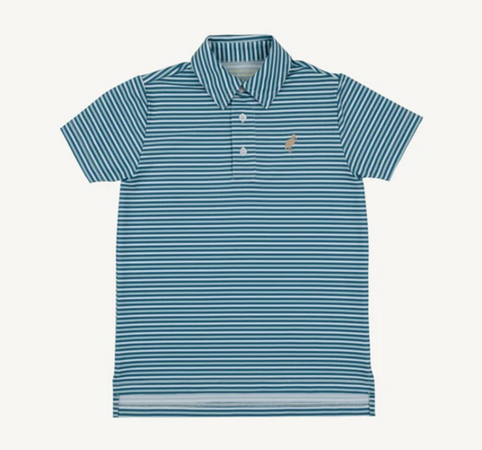 A short-sleeve polo shirt with horizontal blue and white stripes, featuring a small embroidered polo player logo on the left chest, set against a plain off-white background.
