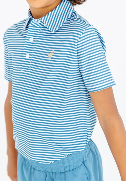 A child wearing a short-sleeve polo shirt with light blue and white horizontal stripes, featuring a small embroidered polo player logo on the chest, paired with light blue shorts against a plain white background.